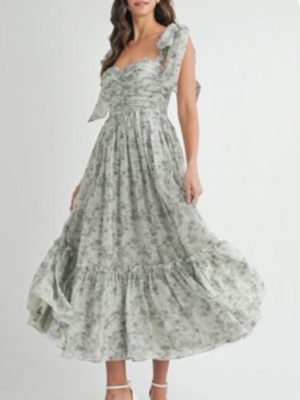 MARBLE Light Gray Floral Tie-Shoulder Midi Dress